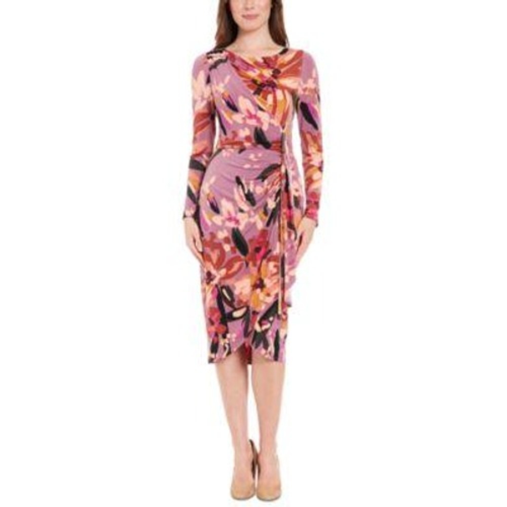 London Times Draped Dress Women 22W Mauve Floral Faux Wrap Long Sleeve Knee Midi